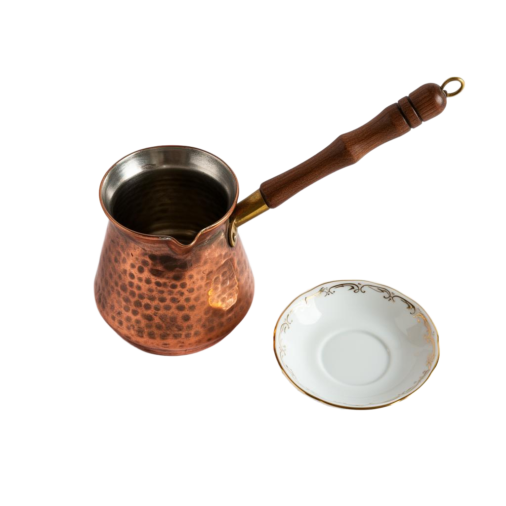 Bakır cezve ve vintage porselen tabak